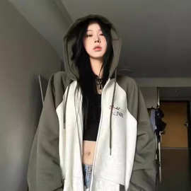 加绒冬美式高街撞色棒球服拉链外套女设计感小众连帽开衫卫衣外搭