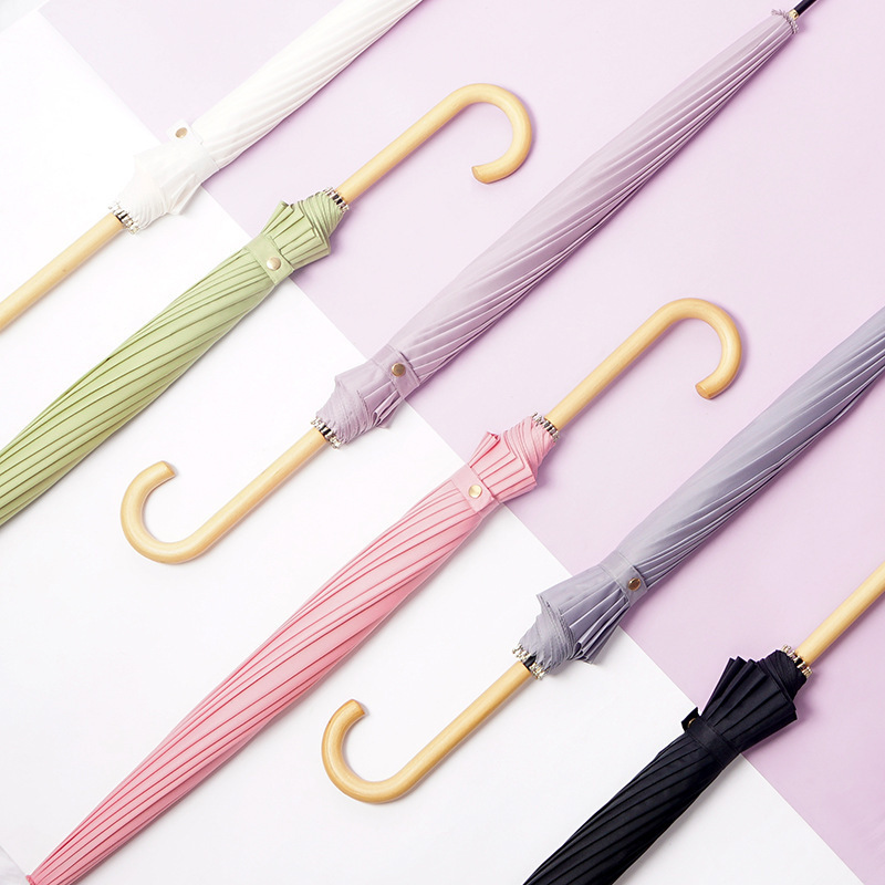 New Automatic 16-Bone Sun Umbrella Long Handle Umbrella Plus Double Wood Curved Handle Dual-Use Ins Style Small Clear Umbrella