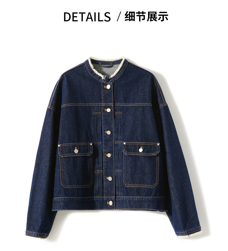 Áo khoác denim nữ cổ tròn tay dài màu xanh đậm phong cách vintage tôn dáng — Màu xanh đậm chi tiết 8