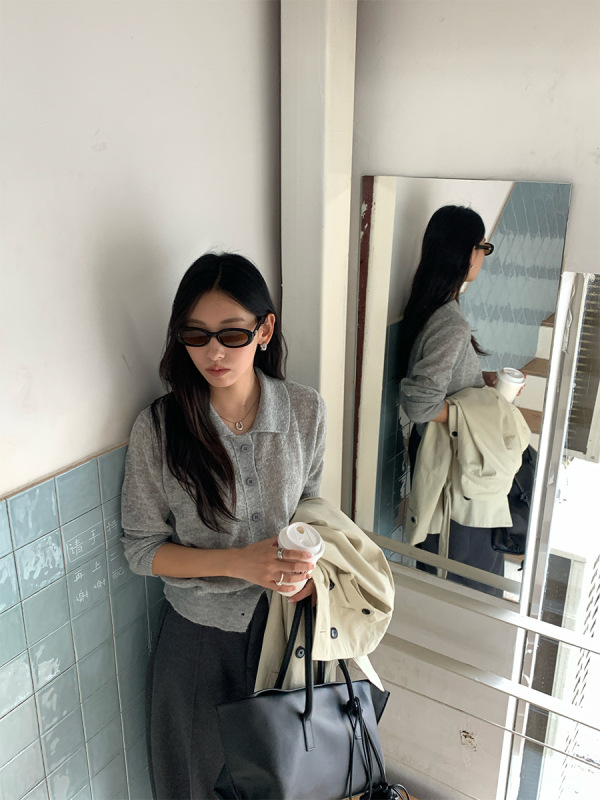 黄峥韩版POLO领长袖针织衫女2025秋季休闲百搭简约开衫上衣530085|undefined
