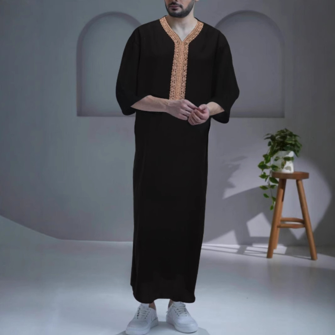 Ethnic Embroidered Kaftan Tunic For Men – Breathable Black Linen-Like Polyester With Hand-Stitched Motifs (Loose Fit, 5-Size Range, Machine Washable)_voghion.com
