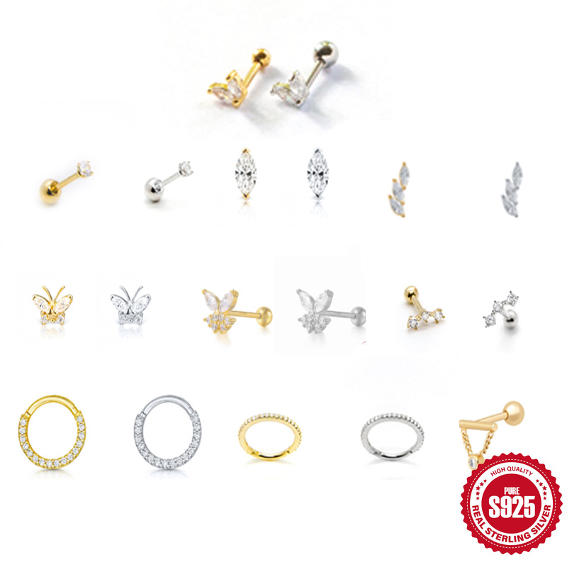 S925 plata esterlina solo Hada mariposa en forma de tornillo hueso del oído perno prisionero moda creativa pendientes punción de comercio exterior joyería