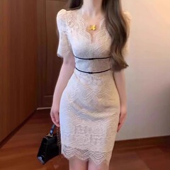 エレガントな社交家 V ネックレースドレス女性の夏のプラスサイズファット mm ユイシユニークな美しいヒップカバーショートスカート
