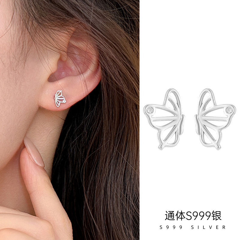 榕树下S999银甜美镂空蝴蝶耳钉女ins风养耳洞免摘小众耳饰品批发|undefined