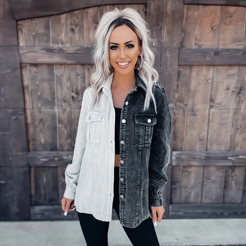Women's Loose Casual Pullover Blouse with Lined Corduroy Collar, Washed Open Vest, Western Popular Style