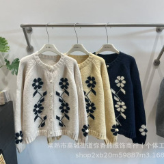 韩系圆领花朵提花毛衣开衫女秋季2025新款宽松显瘦慵懒风针织外套