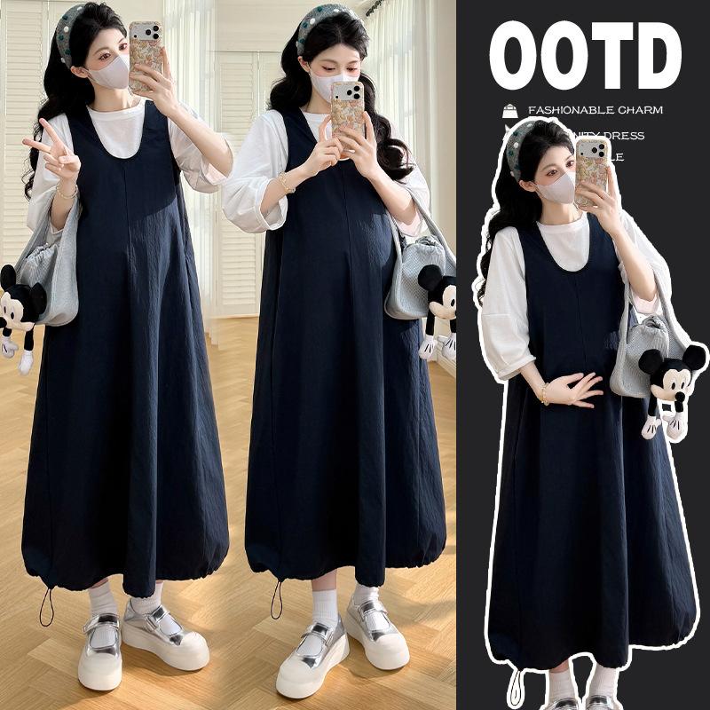 2026 New Spring and Autumn Style for Pregnant Women, Loose and Slimming Elegant Tank Dress + Round Neck T-Shirt Two-Piece Set