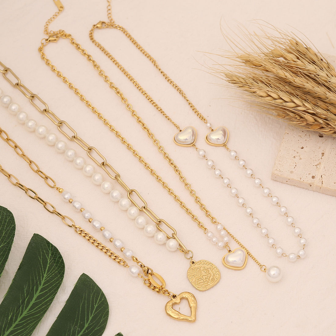 Heart decor Geometric Metal Stainless Steel Pearl Necklace