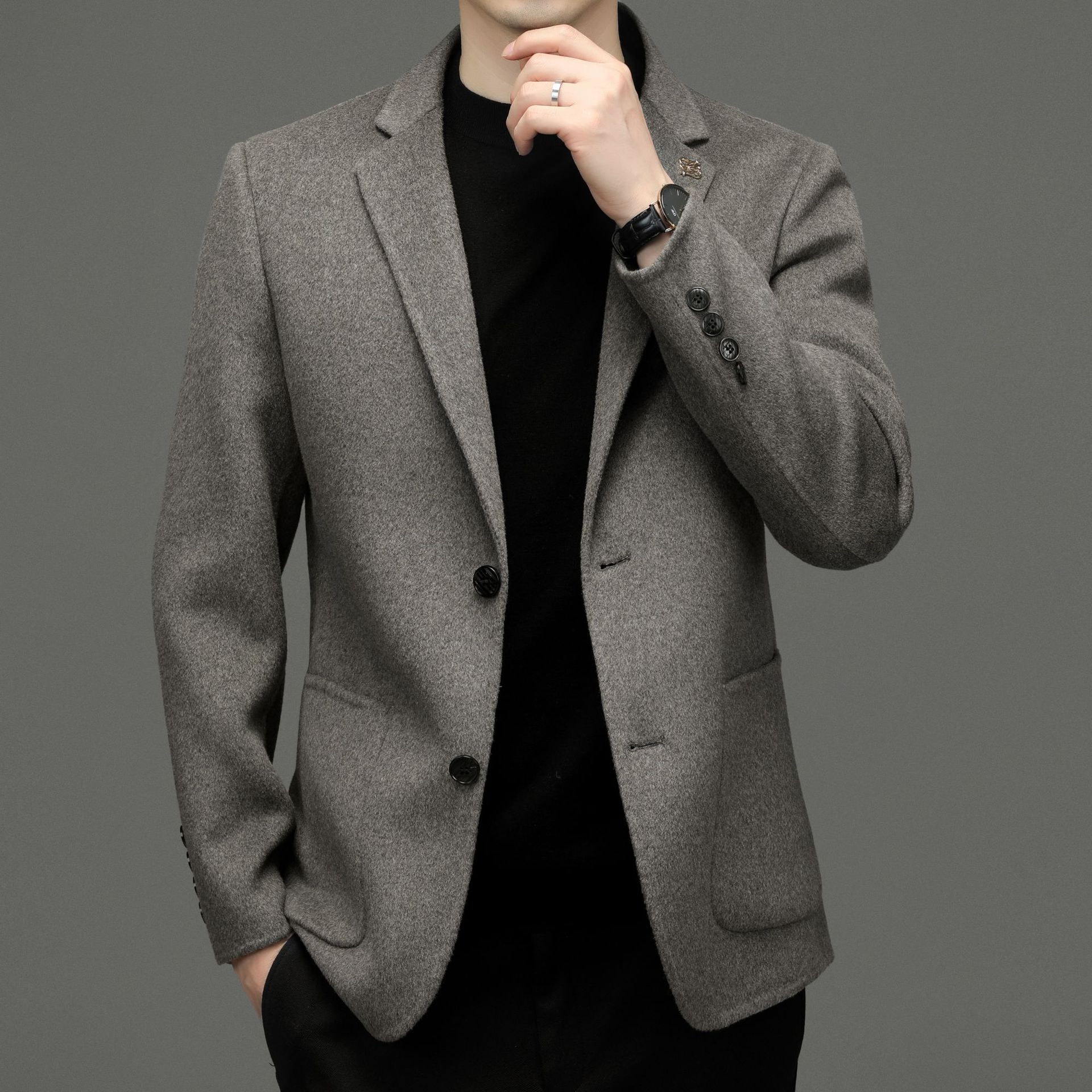 고급스러운 양모 양면 턱시도 재킷 남성용 모직 코트 짧은 스타일 라펠 탑 코트 남성용 경량 비즈니스