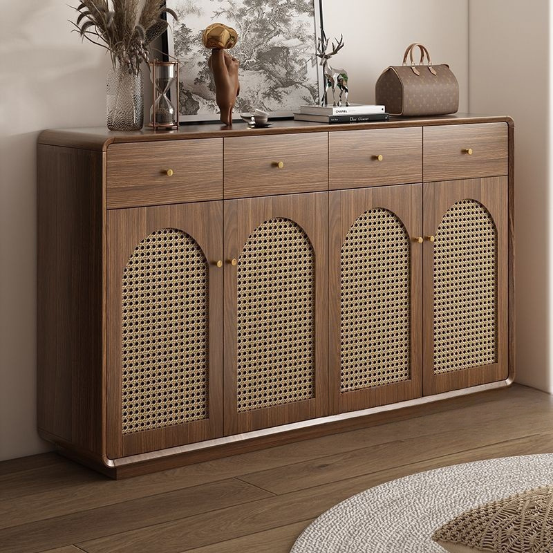 Solid Wood Frame Retro Rattan Shoe Cabinet Home Entrance Living Room Floor-Standing Storage Entrance Door Entrance Cabinet Antique Style Cabinet