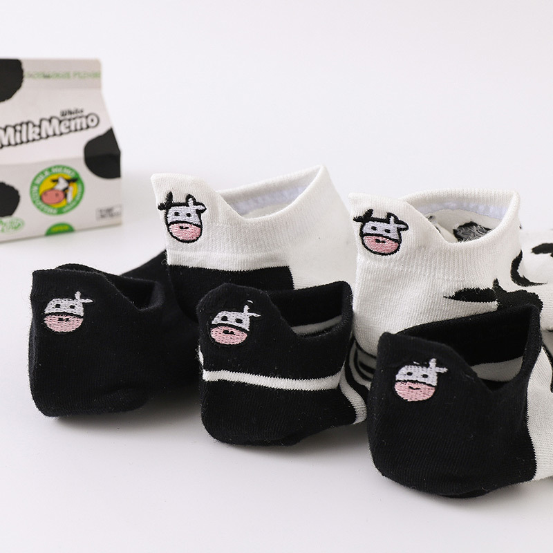 跨境外貿女士棉襪船襪簡約隱形襪奶牛腳後跟刺繡諸暨襪子全棉批發