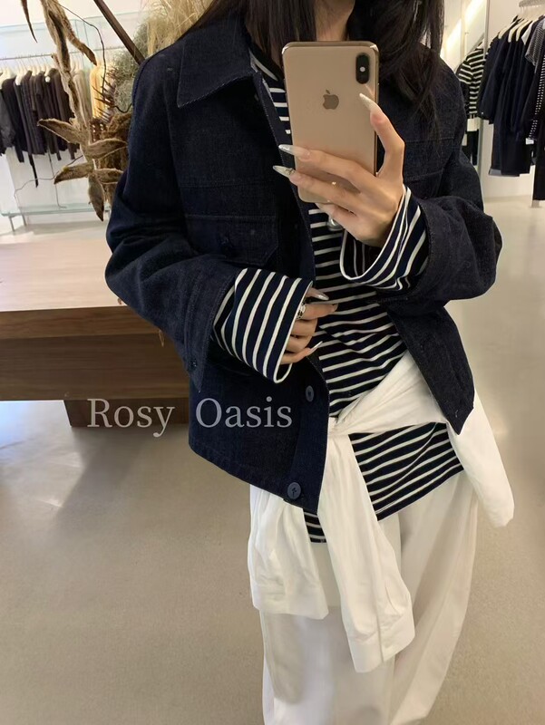秋季新款休闲牛仔外套一简约翻领宽松纯色夹克上衣沐泽女装Y8765|undefined