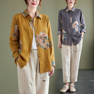 Real shot 2024 autumn new cotton and linen art retro loose printing big flower plus size long sleeve shirt top women
