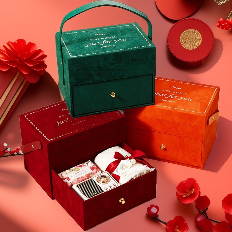 结婚端午伴手礼盒复古绒布手提化妆箱双层化妆盒节日礼盒现货批发