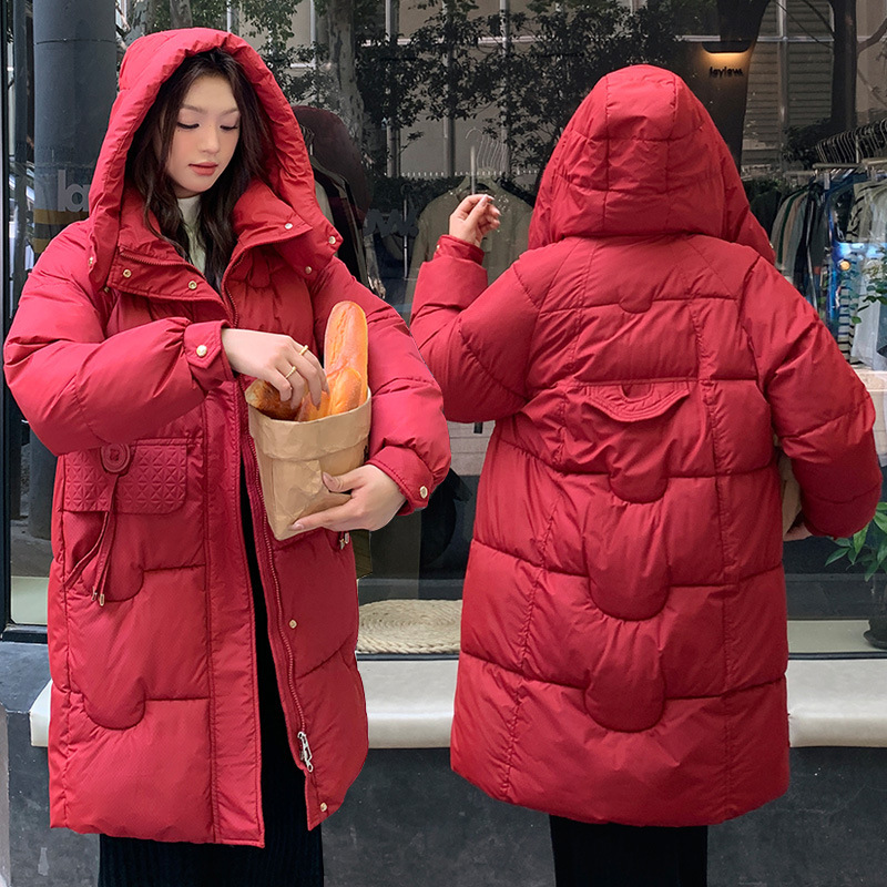 Moda transfronteriza de pluma media y larga mujer 2025 invierno nuevo algodón grueso abrigo de invierno con capuzas cálidas