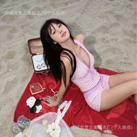 日韩风纯欲条纹分体泳衣女 深V挂脖短款两件套沙滩度假泡温泉泳装