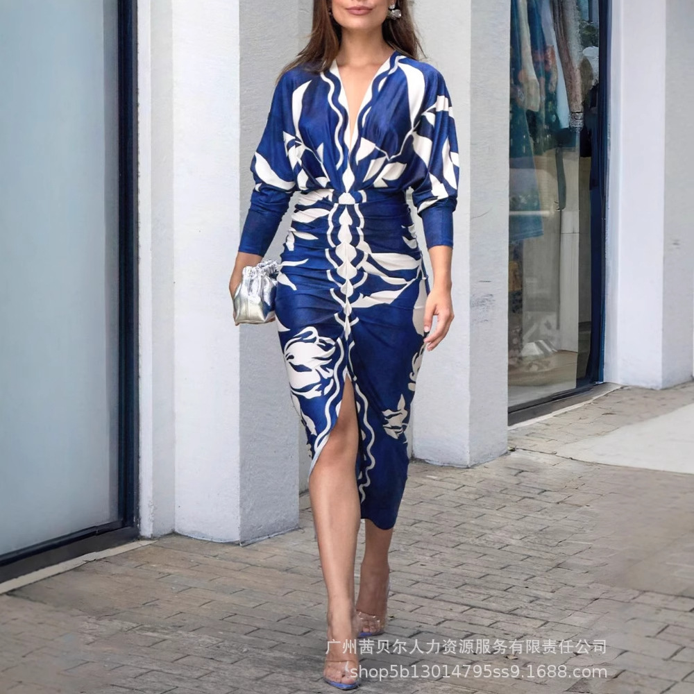 Odf4371B European and American Fashion Tropical Plant Print V-Neck Gathered Waist Slit Long-Sleeved Dress