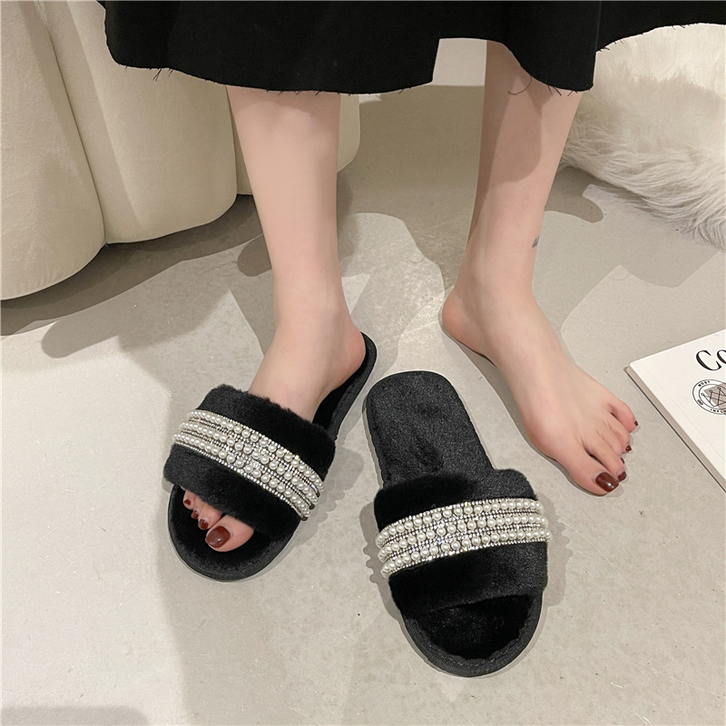 Pantuflas de Peluche con Perlas para Mujer, Pelo de Conejo Algodón Antideslizante para Casa image 2