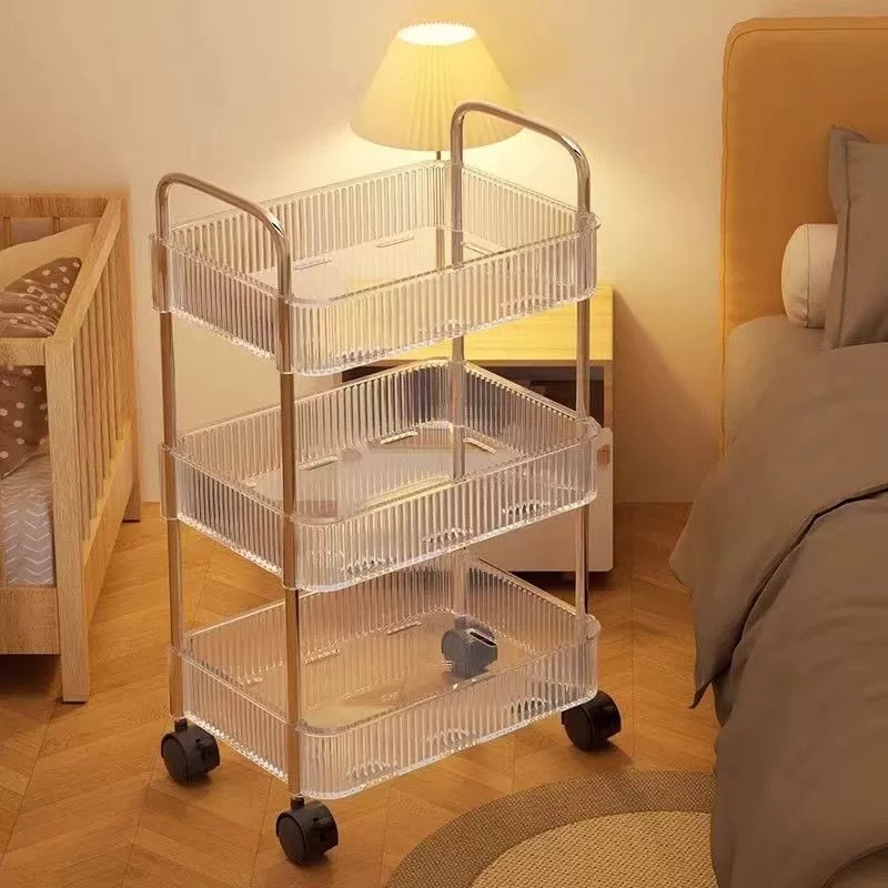 Прозрачная акриловая тележка‑полка, мобильная 1–4 яруса, тихие ролики, опция 20‑летней гарантии