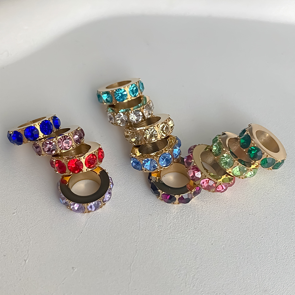 Stainless Steel Diamond-Encrusted Large Hole Spacer Spacer Beads DIY Jewelry Accessories Ins Necklace Pendant Gold-Plated Handmade Accessories