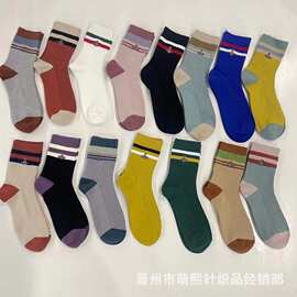 新款日系土星刺绣双针女袜简约休闲条纹拼色学院风中筒袜子批发