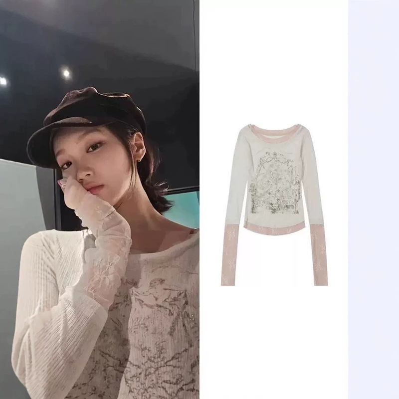 Xiaokuijia Scu* Jincaiyuan Style Rhinestone Textured Pleated Printed Lace Patchwork Long T-Shirt Xiaokuijia Scu* Jincaiyuan Style Rhinestone Textured Pleated Printed Lace Patchwork Long T-Shirt