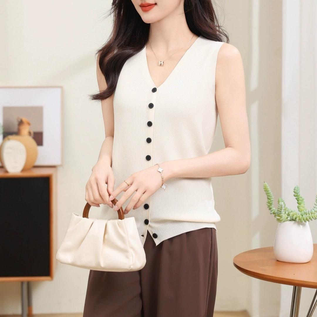 Женский однотонный жилет без рукавов с v-образным вырезом на пуговицах, свободная утягивающая рабочая одежда, весенне-летний тонкий шерстяной вязаный кардиган