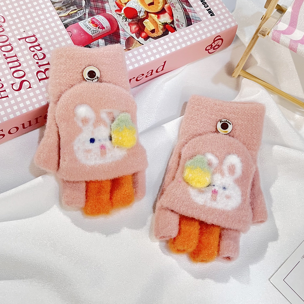 Niños guantes de conejo de orejas largas lindos y cálidos, cinco dedos, escritura de punto a prueba de frío y viento, guantes para niñas