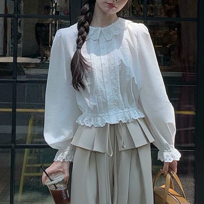 2026 Autumn New Jenny Diary Embroidered Lace Waist-Cinching Short Shirt with Doll Collar and Long Sleeves in Autumn White