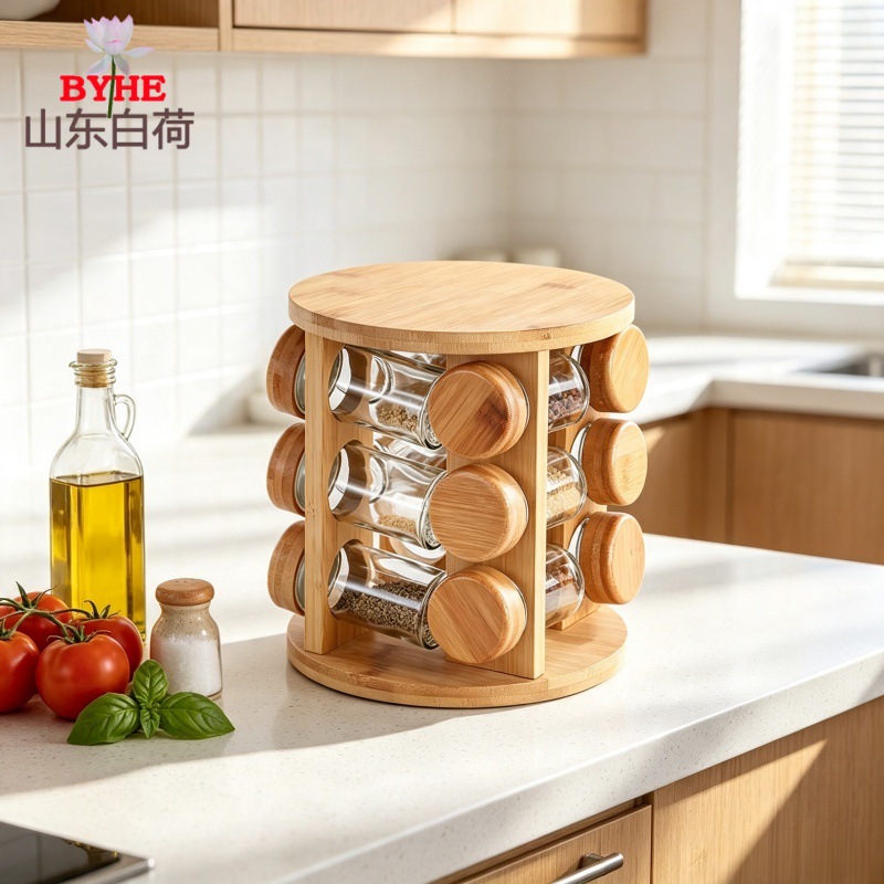 Organizador Giratorio de Condimentos de Bambú, Sin Perforación, para Cocina
