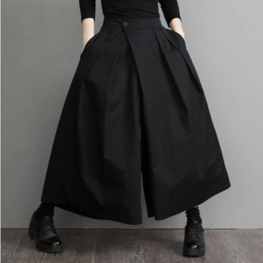 Guofeng Retro Black Design Sense Cropped Wide-leg Pants Men's Summer New Chinese Solid Color All-match Pleated Casual Pants Skirt