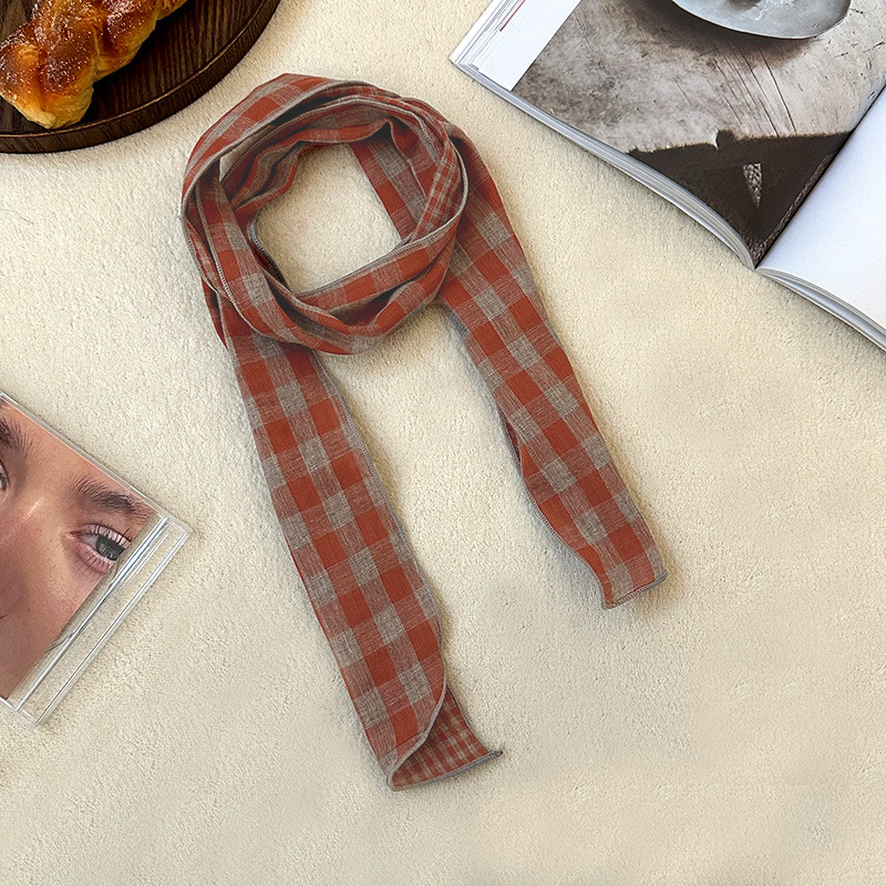 Pañuelo de seda largo, bufanda delgada y estrecha a cuadros retro de alta calidad, bufanda versátil, pañuelo en la cabeza, cinturón decorativo para el cabello