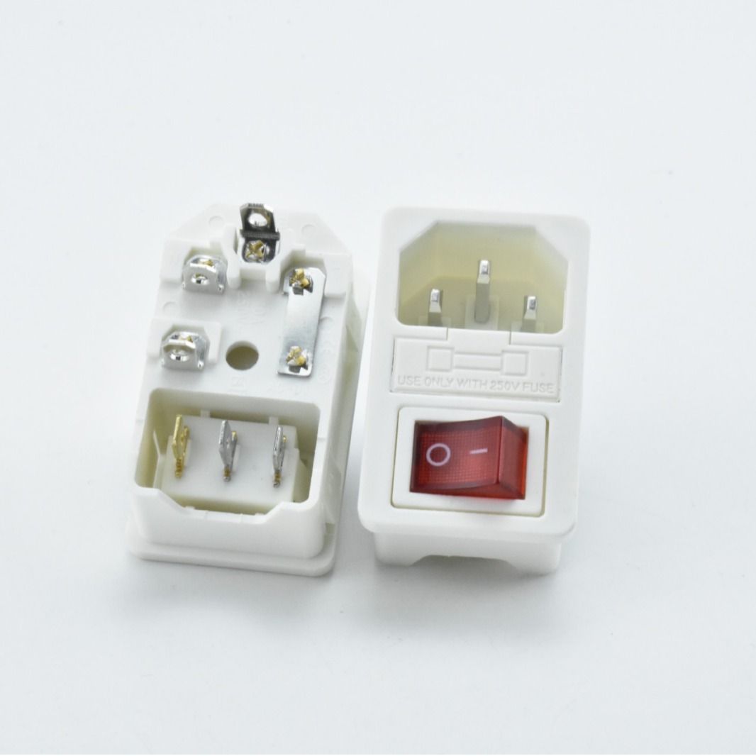 3脚红色翘板开关 白色AC电源插座 三脚带灯品字插座 带保险丝