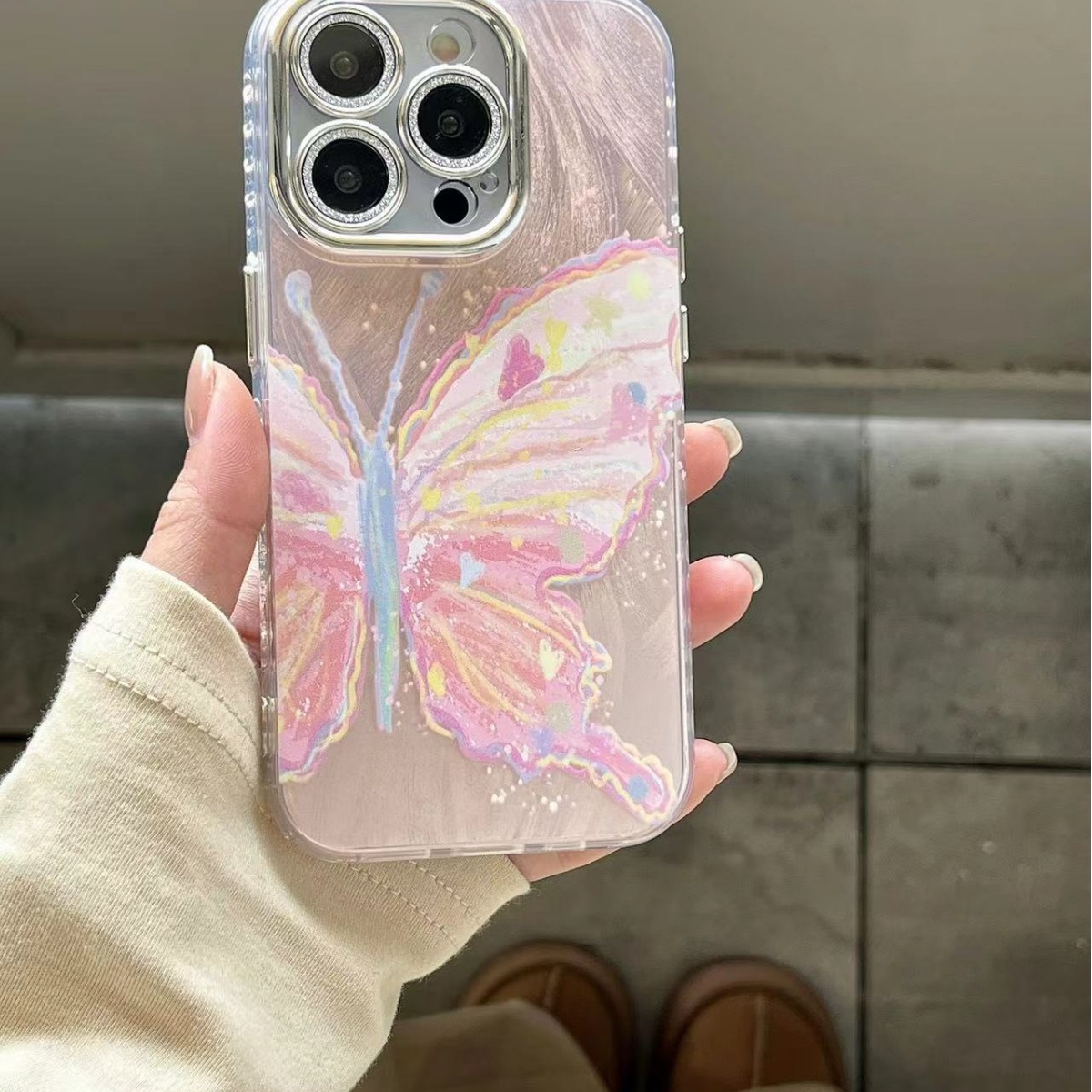 Chica ins pluma de hilo Rosa pintura al óleo mariposa para iPhone13 teléfono caso 15Promax Apple 14p hembra 12 duro