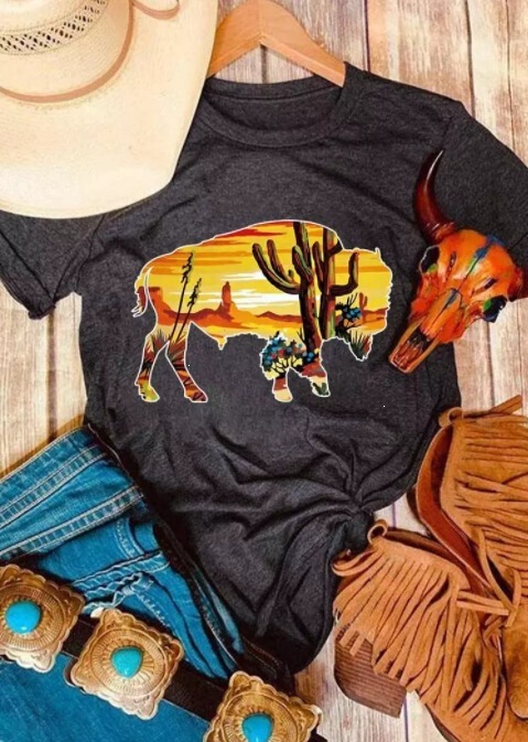 In-Stock Amazon Export Hot-Selling Women's T-Shirt Buffalo Cactus Print Pattern European and American Trendy Women's T-Shirt