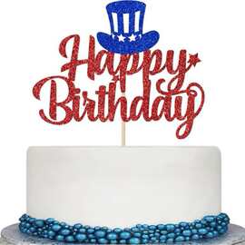 跨境货源   红蓝独立日生日快乐happy蛋糕插排