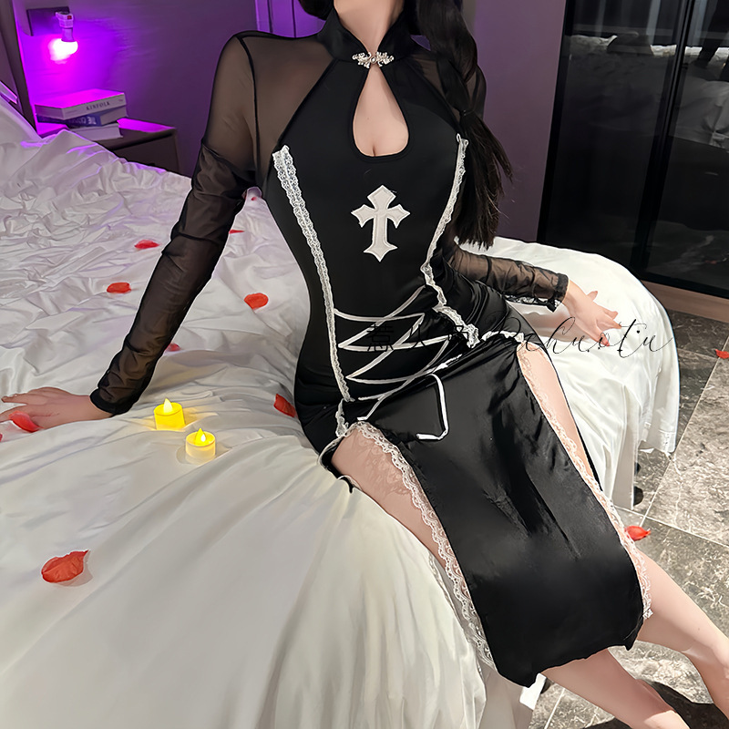 Naughty Rabbit Sexy Lingerie Halloween Dark Style Nun Uniform Pure Desire Tight Cheongsam Dress 8652
