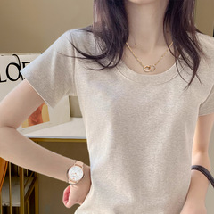 灰色短袖t恤女夏季新款正肩修身短款上衣服夏日多巴胺穿搭小衫潮