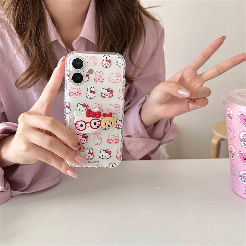 可爱戴眼镜KT猫兔子折叠支架适用iPhone16苹果15ProMax手机壳14女|undefined