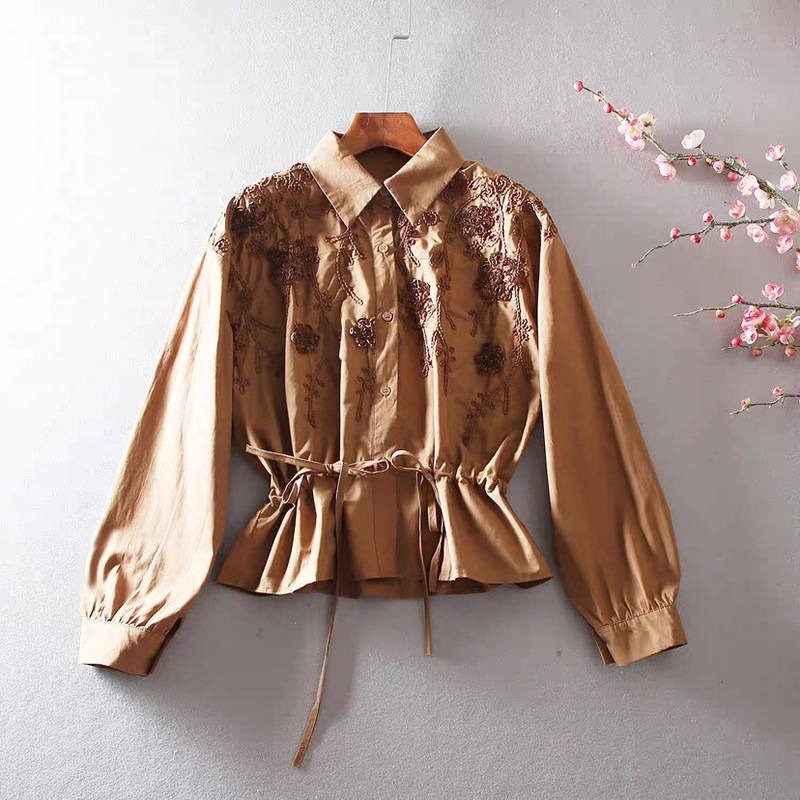 Original Elegant Women's Pure Cotton Shirt, High-End Waist-Cinching Long-Sleeved Shirt, Small High-Waisted Short Skirt Top