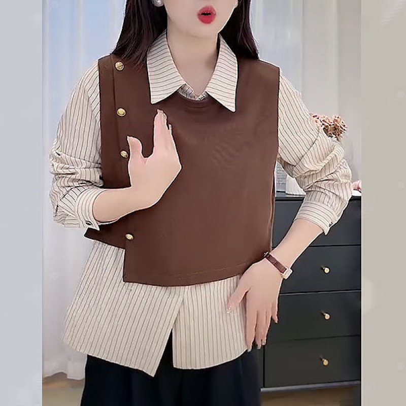 假两件条纹衬衫女春秋款拼接设计宽松百搭上衣叠穿大码衬衣潮|undefined