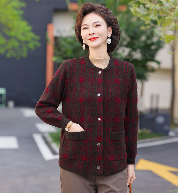 2025年妈妈秋冬装针织衫外套中老年女装洋气格子韩国绒女开衫上衣|undefined