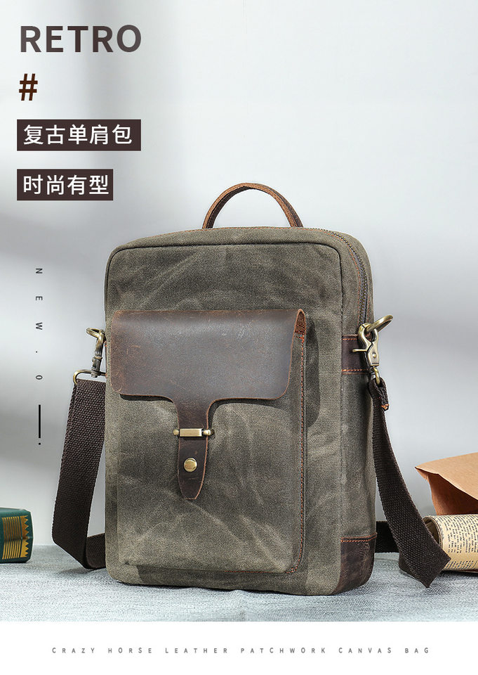 Túi đeo chéo nam da bò phối vải canvas kiểu dọc — Màu vải Kaki đậm, Màu xanh lam nhạt, Màu xanh quân đội, Màu đen chi tiết 9
