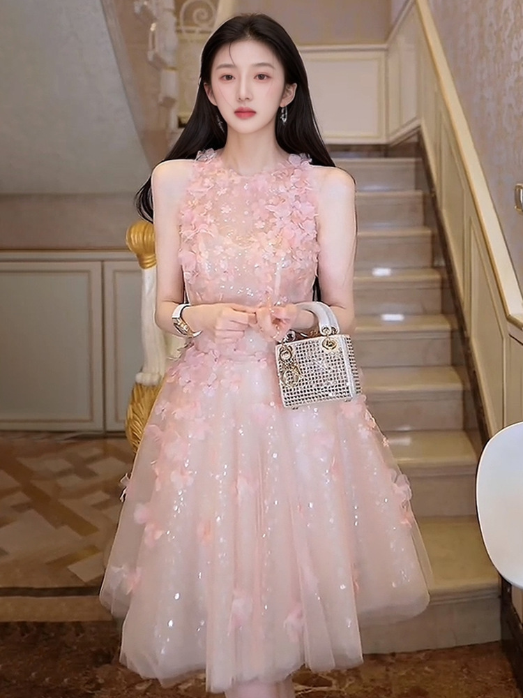 Váy hoa maxi thời trang Pháp tay ngắn thắt eo — Màu hồng