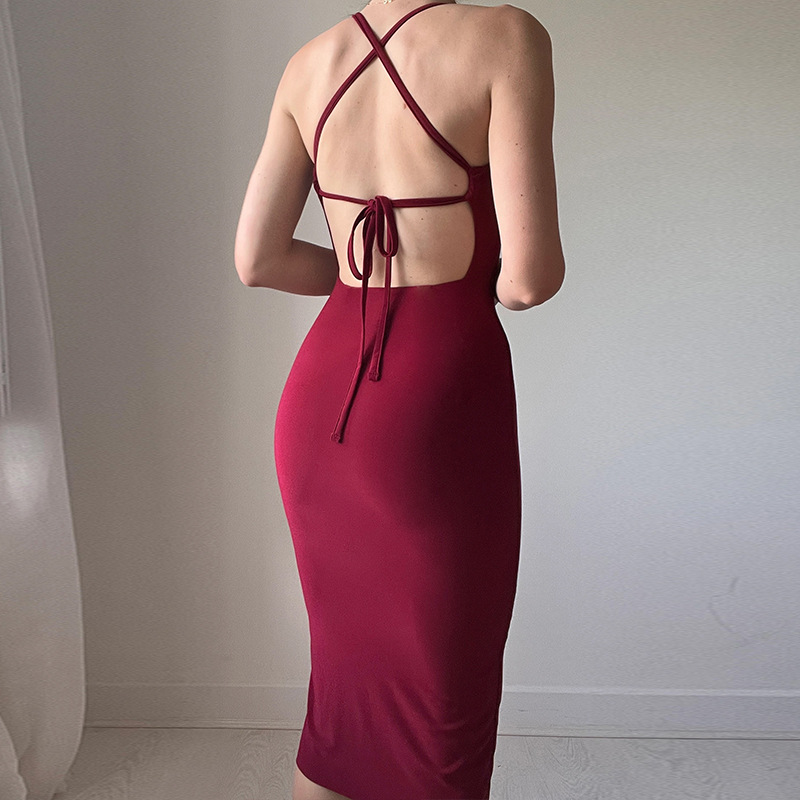 backless lace-up slim slit cross sling solid color dress NSHTL134725