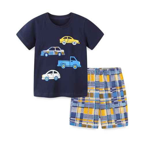 Summer New Children's T-Shirt Set Knit Cotton European and American Style Boy Short-Sleeve Two-Piece Top Cartoon Printed and Embroidered Pattern