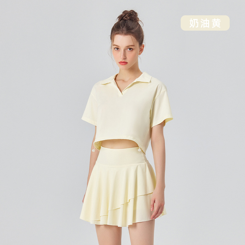 Traje deportivo casual falda verano Mujer nueva protección solar Polo cuello delgado yoga manga corta Camiseta falda conjunto de dos piezas