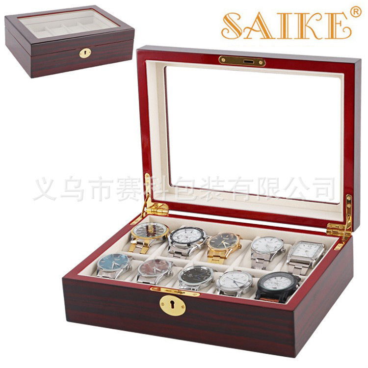 现货批发10位枣红黑檀纹钢琴漆手表盒手表收纳盒木质手表盒子手表