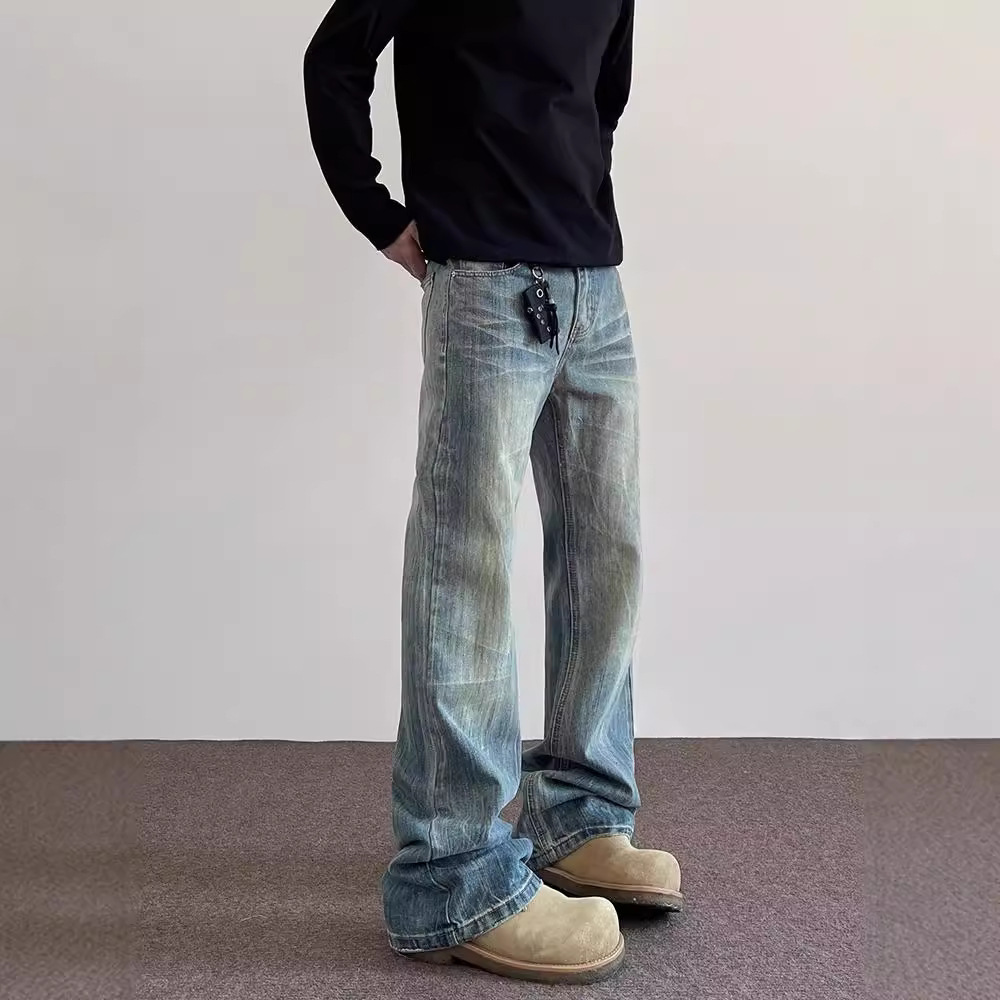 Spring and Autumn American Style High Street cleanfit Cat Bamboo Pattern Dressed Jeans Trendy Straight Micro Vibe Pants