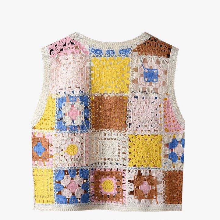 Nuevo estilo japonés hecho a mano de ganchillo contraste de color de punto Chaleco de las mujeres de moda de reducción de edad versátil chaleco cardigan desgaste exterior de moda superior